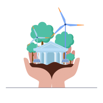 Hands carrying a company and green trees and wind turbines to symbolize ESG